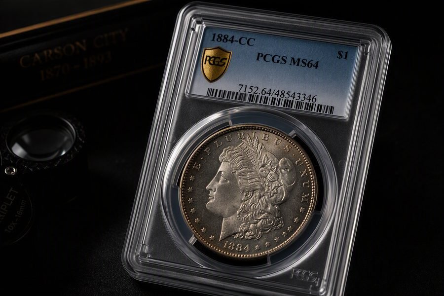 Morgan Dollar von 1884 aus Carson City im PCGS-Halter, dahinter eine dunkle Schatulle mit der Aufschrift Carson City