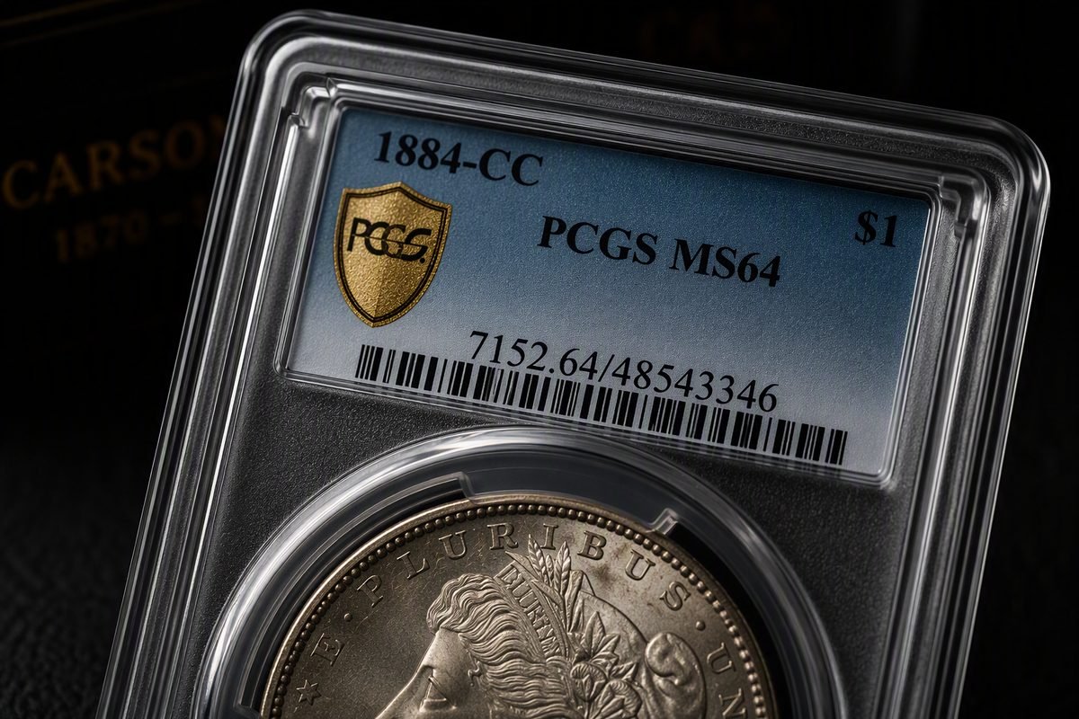 Etikett eines PCGS-Halters aus der Nähe: Jahrgang 1884-CC, die Bewertung PCGS MS64, das Nominal 1 Dollar und die Zertifikatsnummer 7152.64/48543346 mit Strichcode