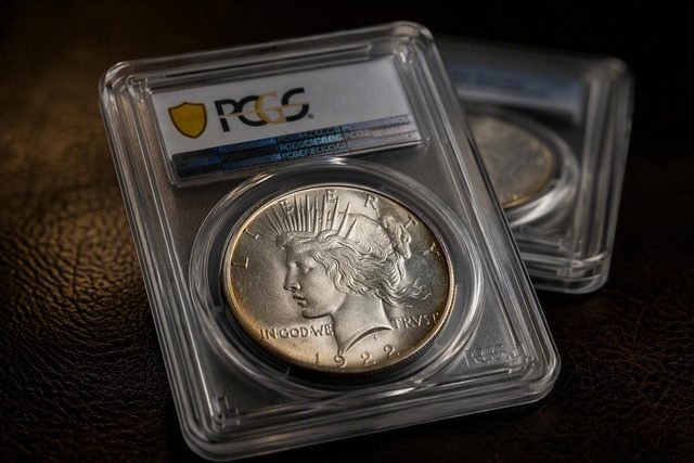 Peace Dollar von 1922 im PCGS-Halter auf dunklem Leder, Liberty im Profil nach links mit Strahlenkrone, dahinter ein zweiter Halter unscharf