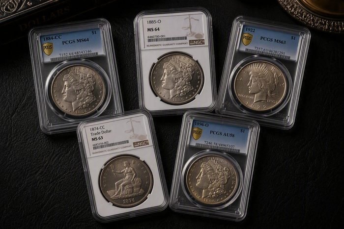 Mehrere Morgan Dollars in durchsichtigen Bewertungshaltern, die Jahrgänge 1884, 1885 und 1896 sind auf den Etiketten zu lesen