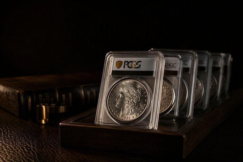 Fünf gegradete US-Silberdollars in durchsichtigen Haltern stehen aufrecht in einer flachen Holzschale, vorn ein Morgan Dollar von 1881 im PCGS-Halter, dahinter weitere Halter von PCGS und NGC, links im Halbdunkel alte Ledereinbände und eine Messinglupe