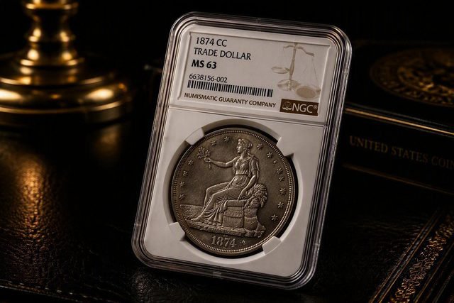Trade Dollar von 1874 aus Carson City im NGC-Halter mit dem Grading MS63, daneben ein goldener Kerzenhalter